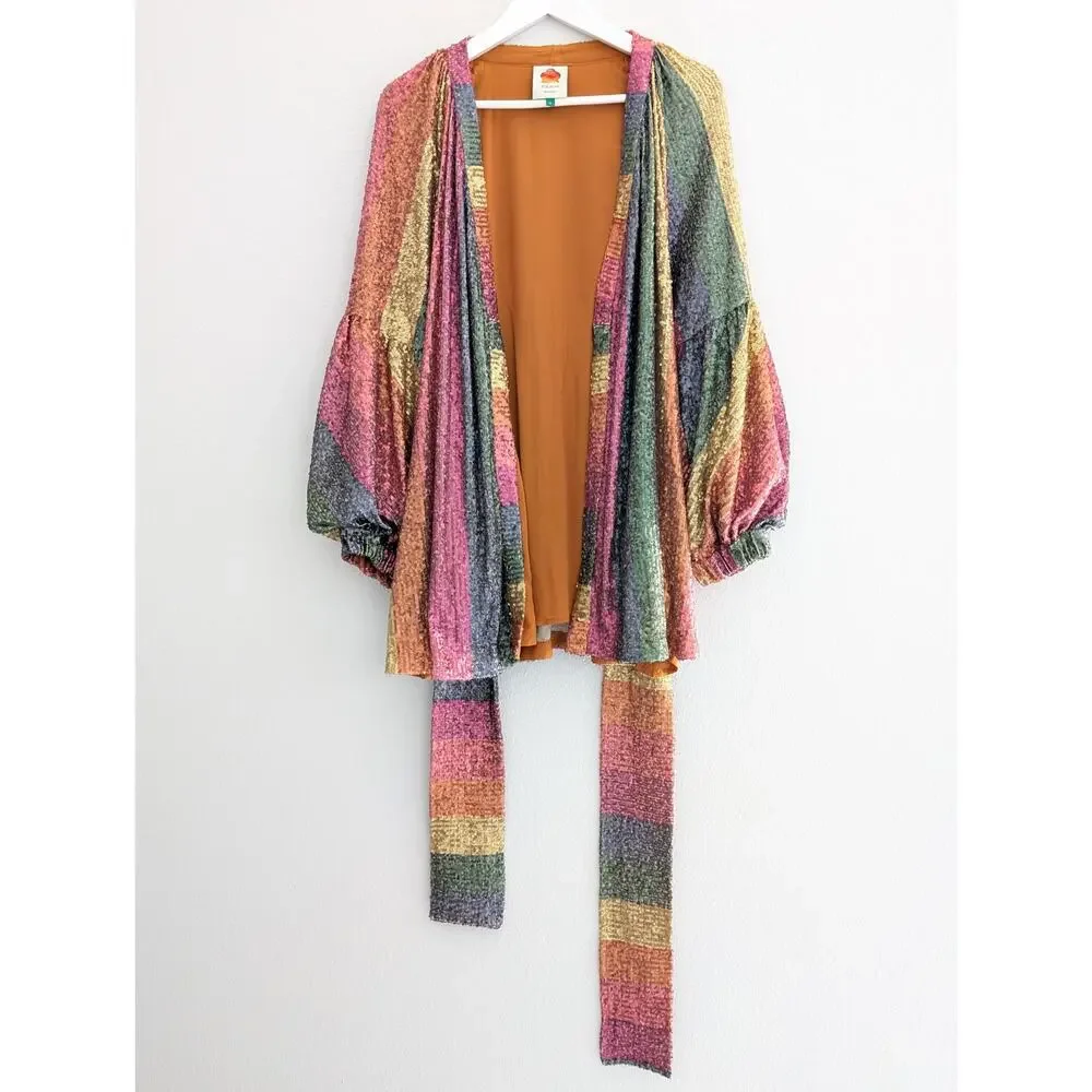 Farm Rio Rainbow Sequin Kimono Jacket Colorful Festival Party Wear Size Small - Picture 4 of 8